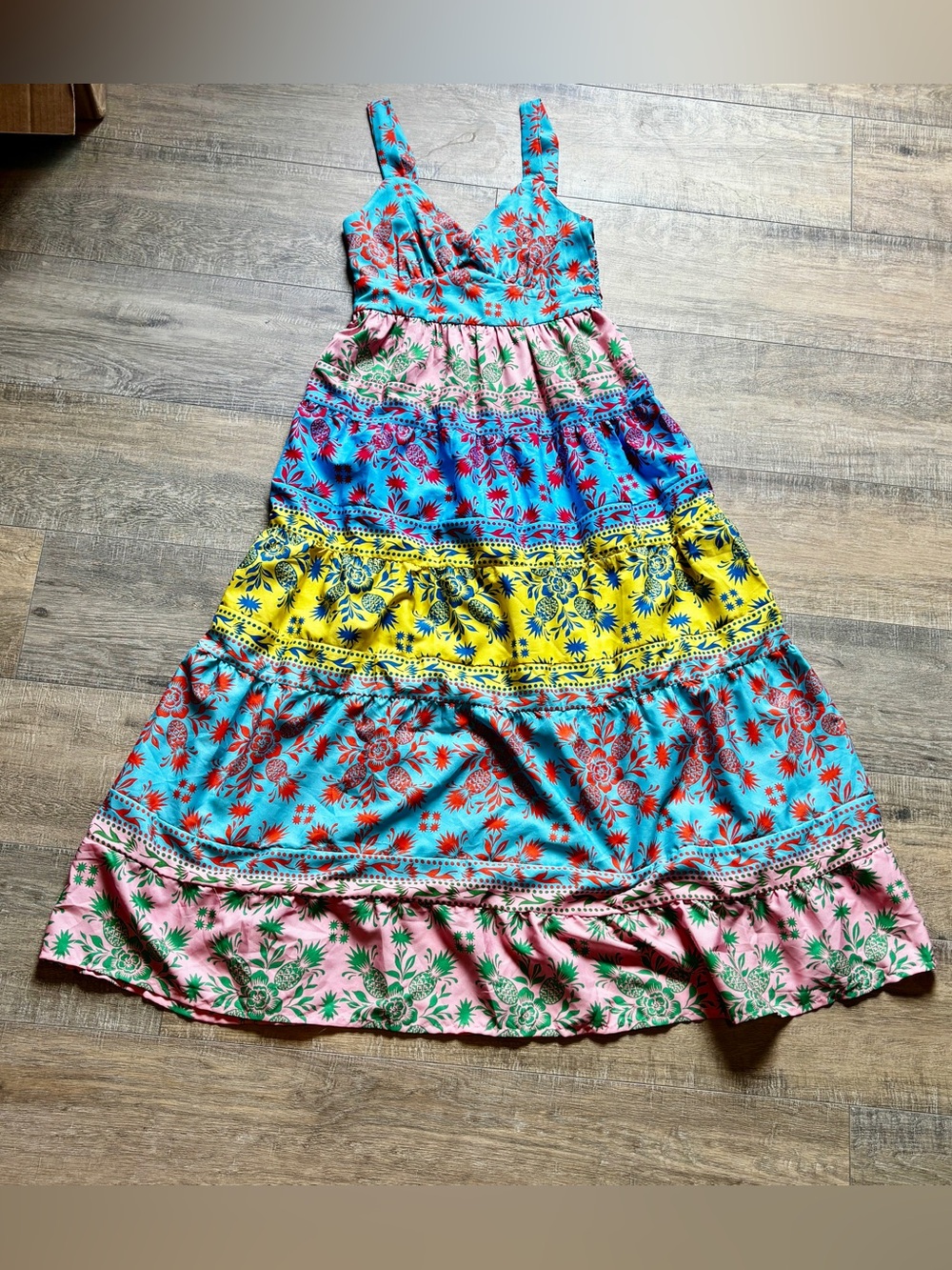 TRUTH Small Tropical Pineapple Print Smocked  Maxi Dress Boho Resort
